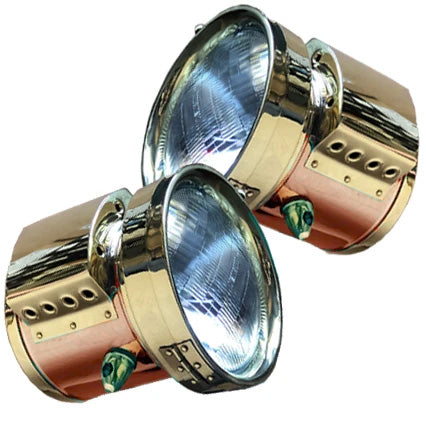 Polished brass headlights with copper center bands